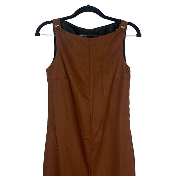 ZARA Sleeveless Jumpsuit Turned Up Hem Side Zipup Square Neck Buttons XS Brown - Picture 3 of 14